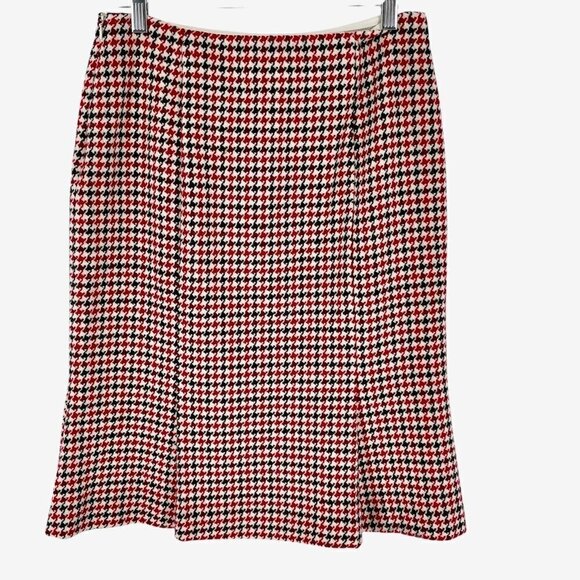 Talbots Vintage Black Red Houndstooth Pleated Hem Italian Stretch Wool Skirt 8 - Picture 2 of 10